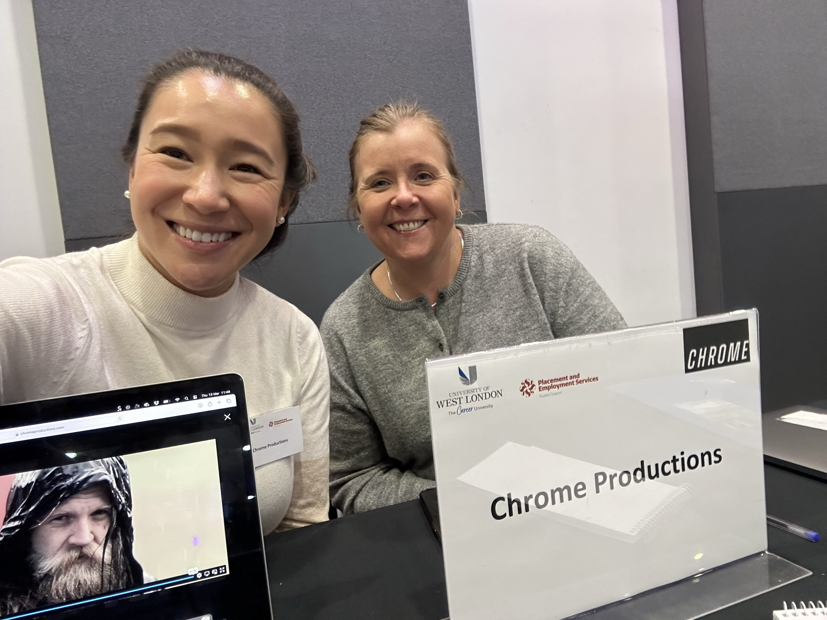 Perry Pollock and Melly Cook representing Chrome Productions at the University of West London's Creative Careers Fair
